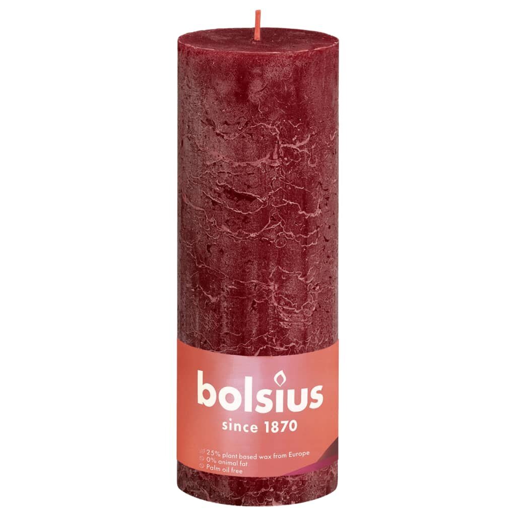 Bolsius Pilarikynttilät Shine 4 kpl rustiikkinen 190x68 mm punainen hinta ja tiedot | Kynttilät ja kynttilänjalat | hobbyhall.fi