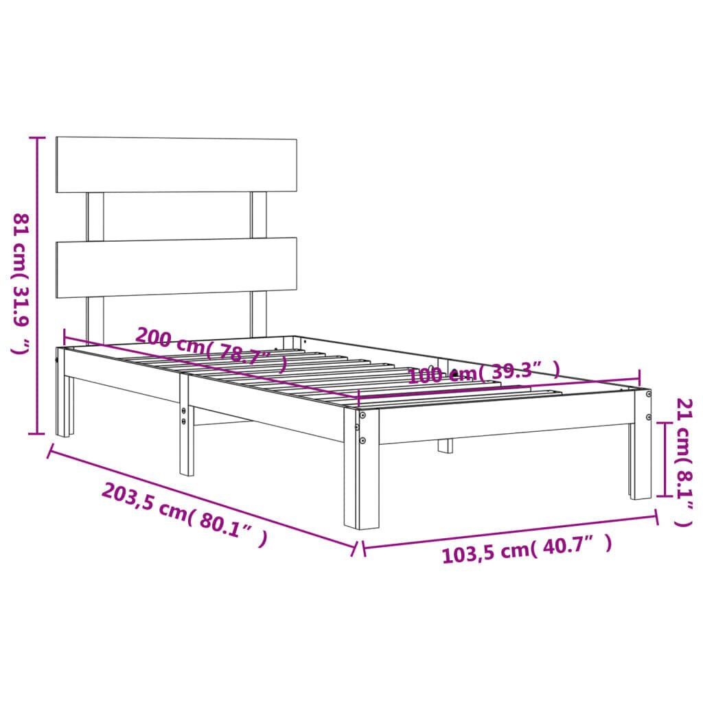 vidaXL Sängynrunko päädyllä valkoinen 100x200 cm täysi puu hinta ja tiedot | Sängyt | hobbyhall.fi