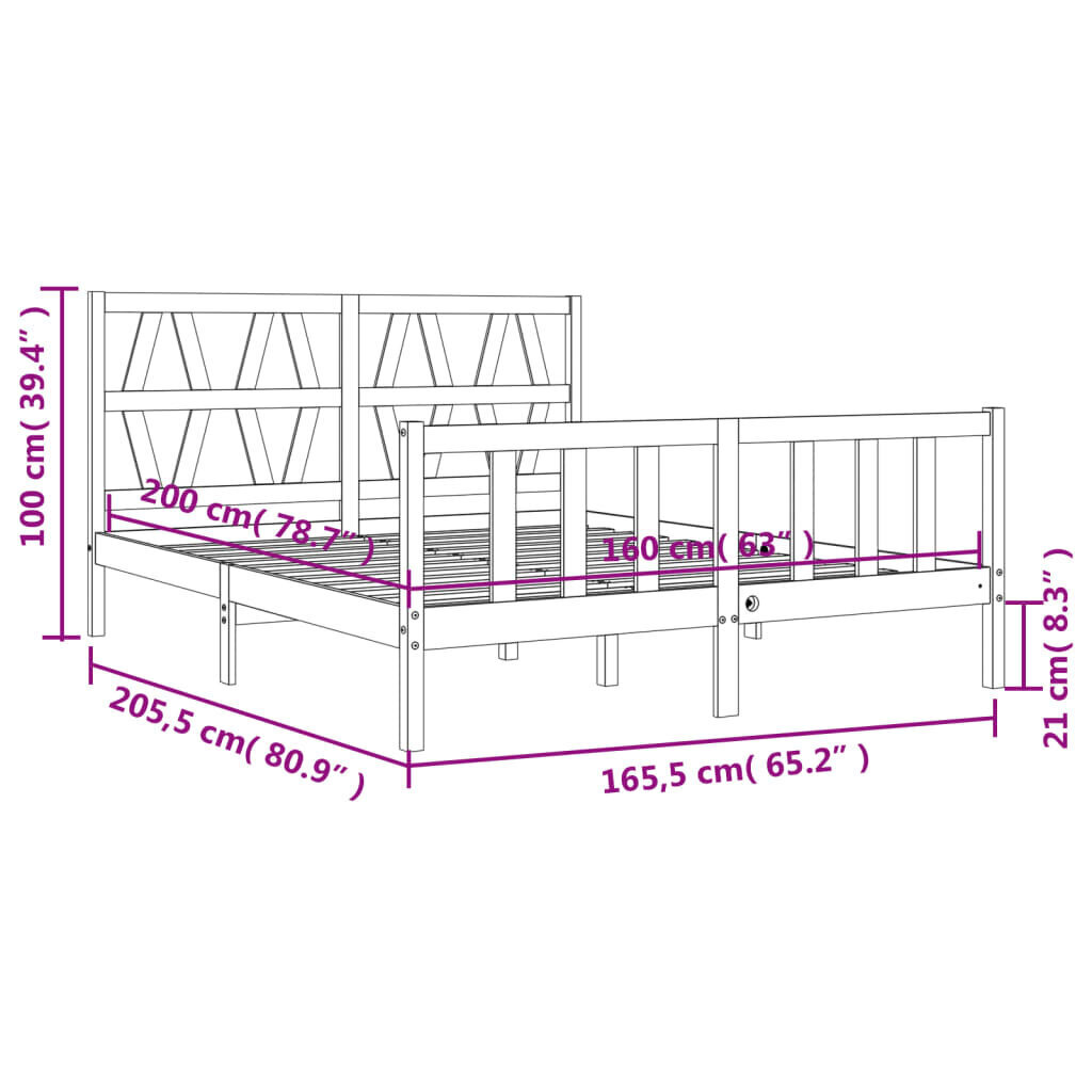 vidaXL Sängynrunko päädyllä musta 160x200 cm täysi mänty hinta ja tiedot | Sängyt | hobbyhall.fi