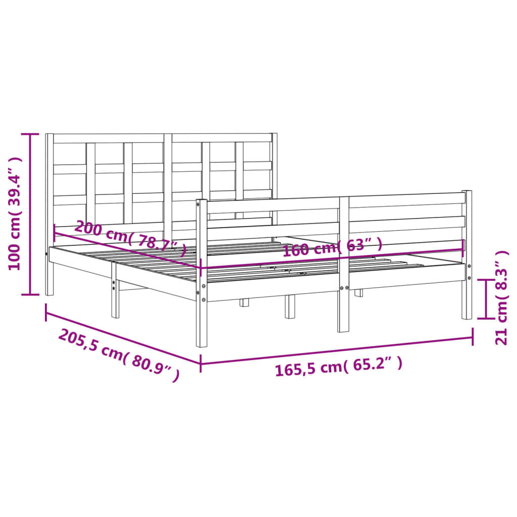 vidaXL Sängynrunko päädyllä musta 160x200 cm täysi mänty hinta ja tiedot | Sängyt | hobbyhall.fi