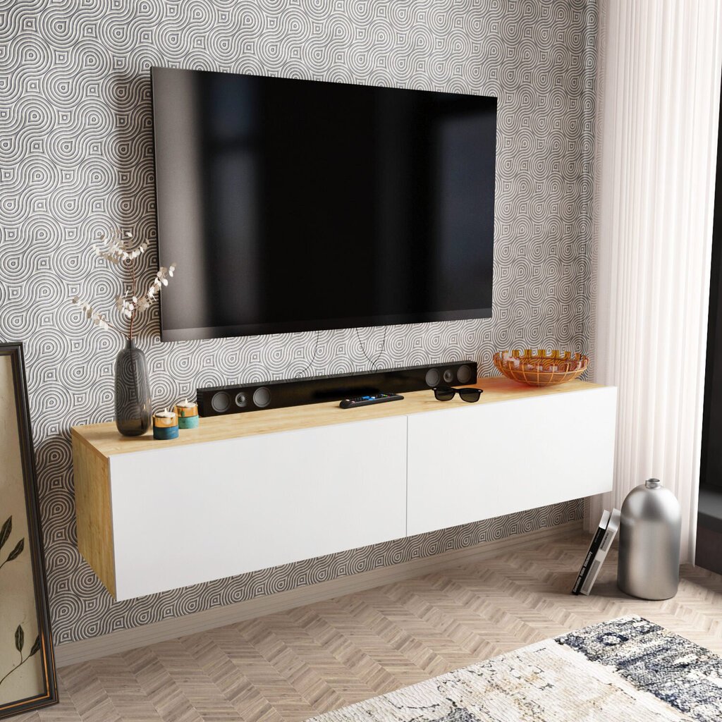 TV-taso, Asir, 159,7x36,8x34,1 cm, valkoinen/beige hinta ja tiedot | TV-tasot | hobbyhall.fi