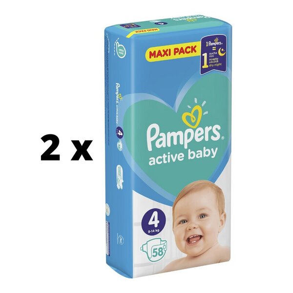 Vaipat PAMPERS Active Baby Maxi Pack, koko 4, 9-14 kg, 58 kpl. x 2 kpl. paketti