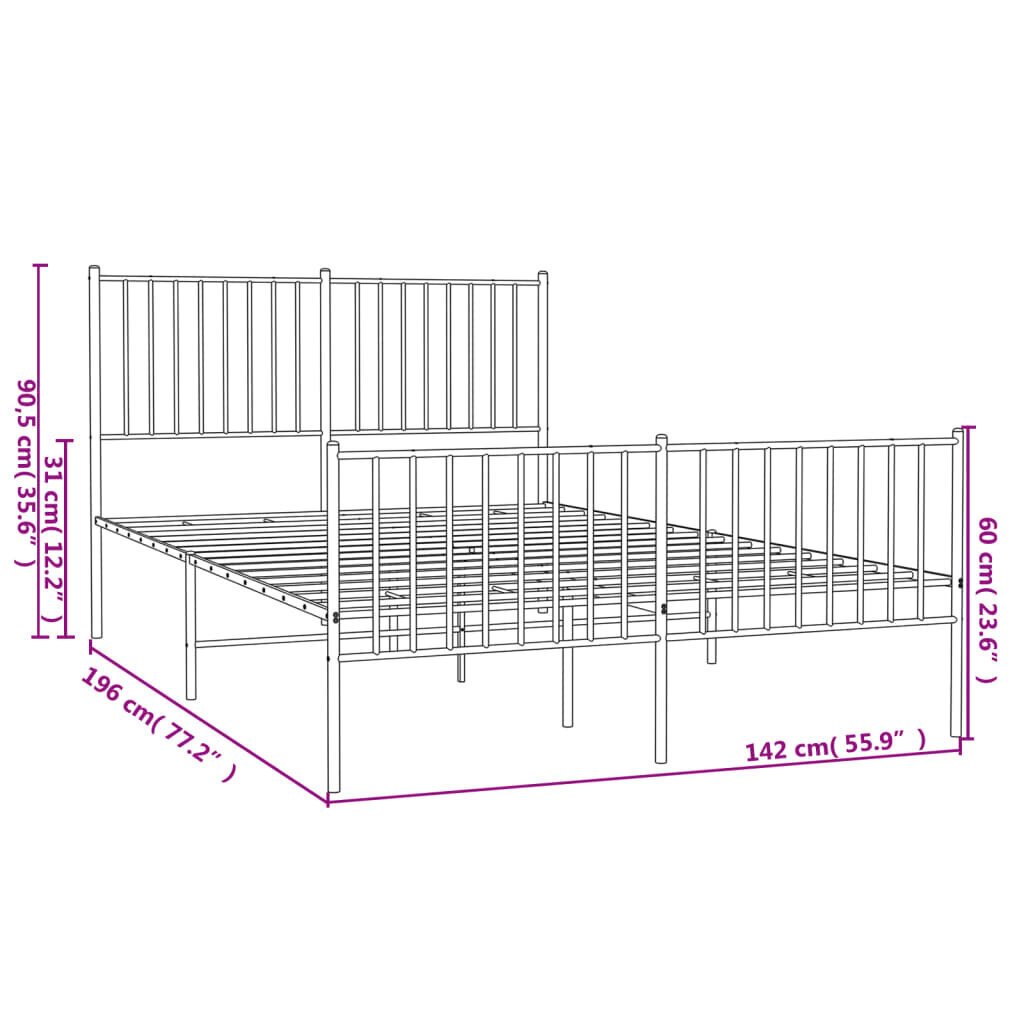 vidaXL Metallinen sängynrunko päädyillä musta 135x190 cm hinta ja tiedot | Sängyt | hobbyhall.fi