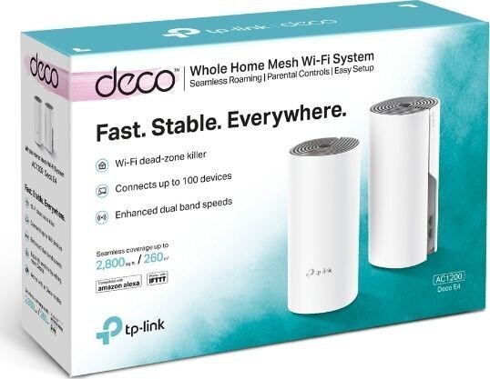 TP-LINK C1200 Whole Home Mesh Wi-Fi System Deco E4 (2 kpl) 802.11ac, 867+300 Mbit hinta ja tiedot | Reitittimet ja modeemit | hobbyhall.fi