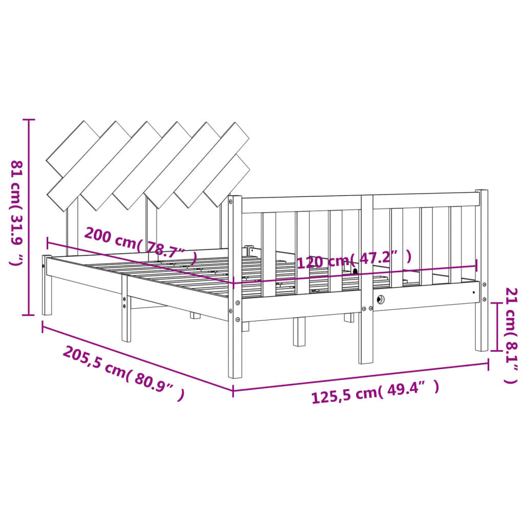 vidaXL Sängynrunko päädyllä 120x200 cm täysi puu hinta ja tiedot | Sängyt | hobbyhall.fi