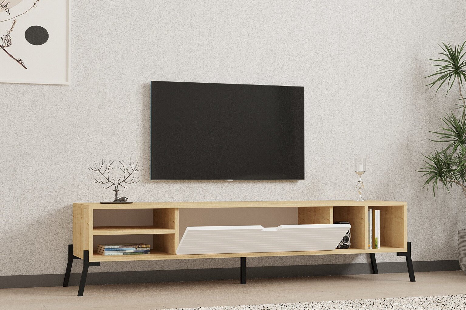 TV-taso, Asir, 160x36x40 cm, beige/valkoinen hinta ja tiedot | TV-tasot | hobbyhall.fi