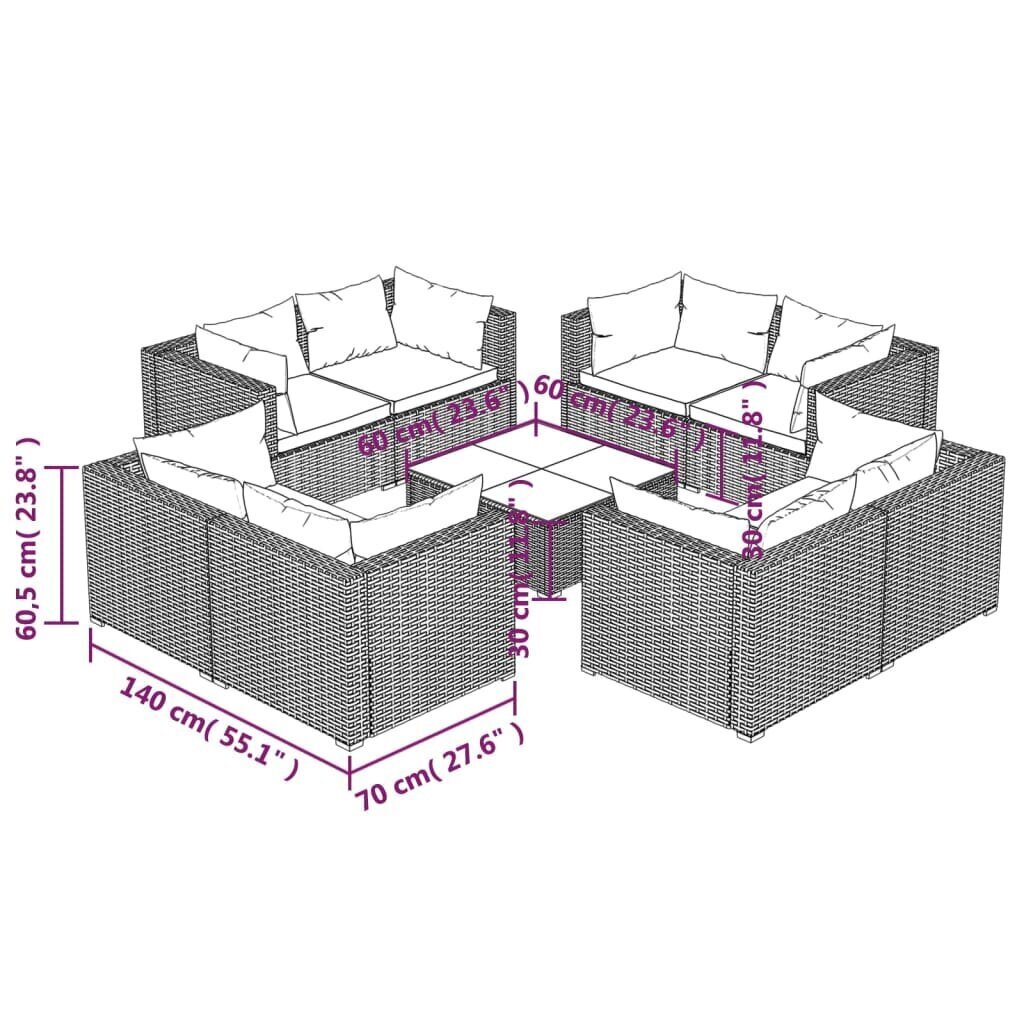 vidaXL 9-osainen Puutarhasohvasarja tyynyillä polyrottinki harmaa hinta ja tiedot | Puutarhakalusteet | hobbyhall.fi