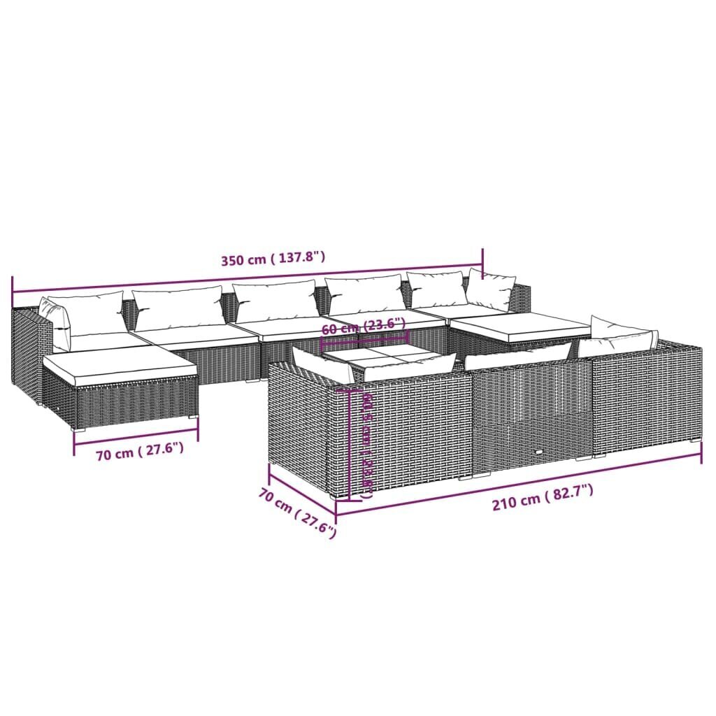 vidaXL 11-osainen Puutarhasohvasarja tyynyillä harmaa polyrottinki hinta ja tiedot | Puutarhakalusteet | hobbyhall.fi