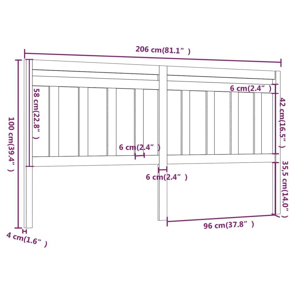 vidaXL Sängynpääty valkoinen 206x4x100 cm täysi mänty hinta ja tiedot | Sängyt | hobbyhall.fi