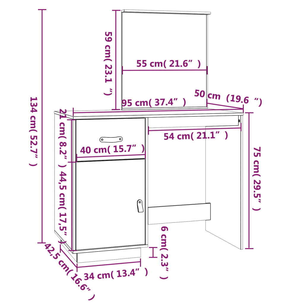 vidaXL Pukeutumispöytä valkoinen 95x50x134 cm täysi mänty hinta ja tiedot | Peilipöydät | hobbyhall.fi
