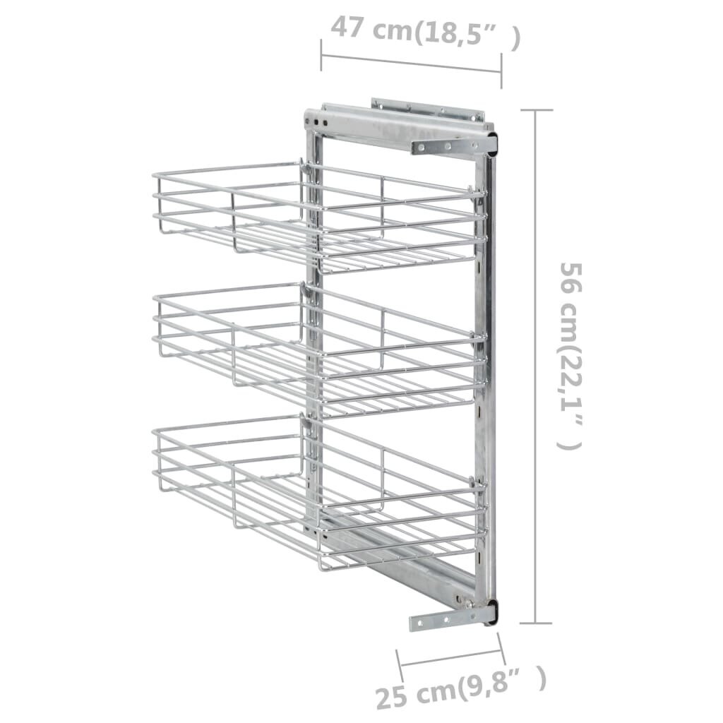 vidaXL 3-kerroksinen ulosvedettävä keittiöhylly hopea 47x25x56 cm hinta ja tiedot | Keittiövälineet | hobbyhall.fi