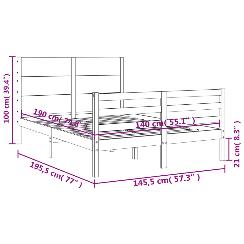 vidaXL Sängynrunko päädyllä valkoinen 140x190 cm täysi puu hinta ja tiedot | Sängyt | hobbyhall.fi