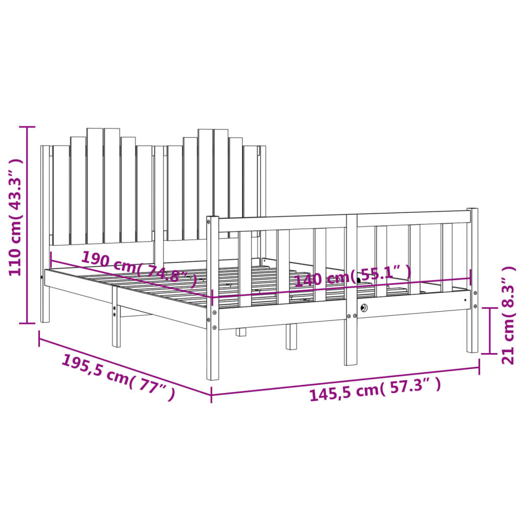 vidaXL Sängynrunko päädyllä musta 140x190 cm täysi puu hinta ja tiedot | Sängyt | hobbyhall.fi