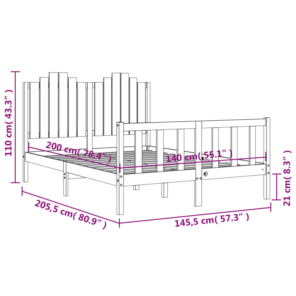 vidaXL Sängynrunko päädyllä musta 140x200 cm täysi puu hinta ja tiedot | Sängyt | hobbyhall.fi