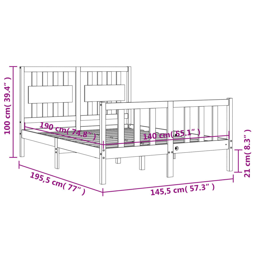 vidaXL Sängynrunko päädyllä musta 140x190 cm täysi puu hinta ja tiedot | Sängyt | hobbyhall.fi