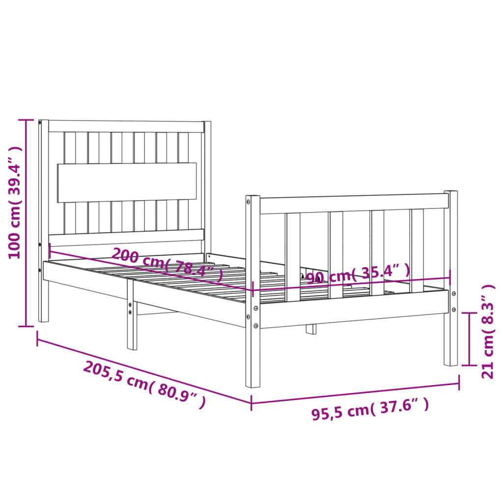 vidaXL Sängynrunko päädyllä valkoinen 90x200 cm täysi puu hinta ja tiedot | Sängyt | hobbyhall.fi