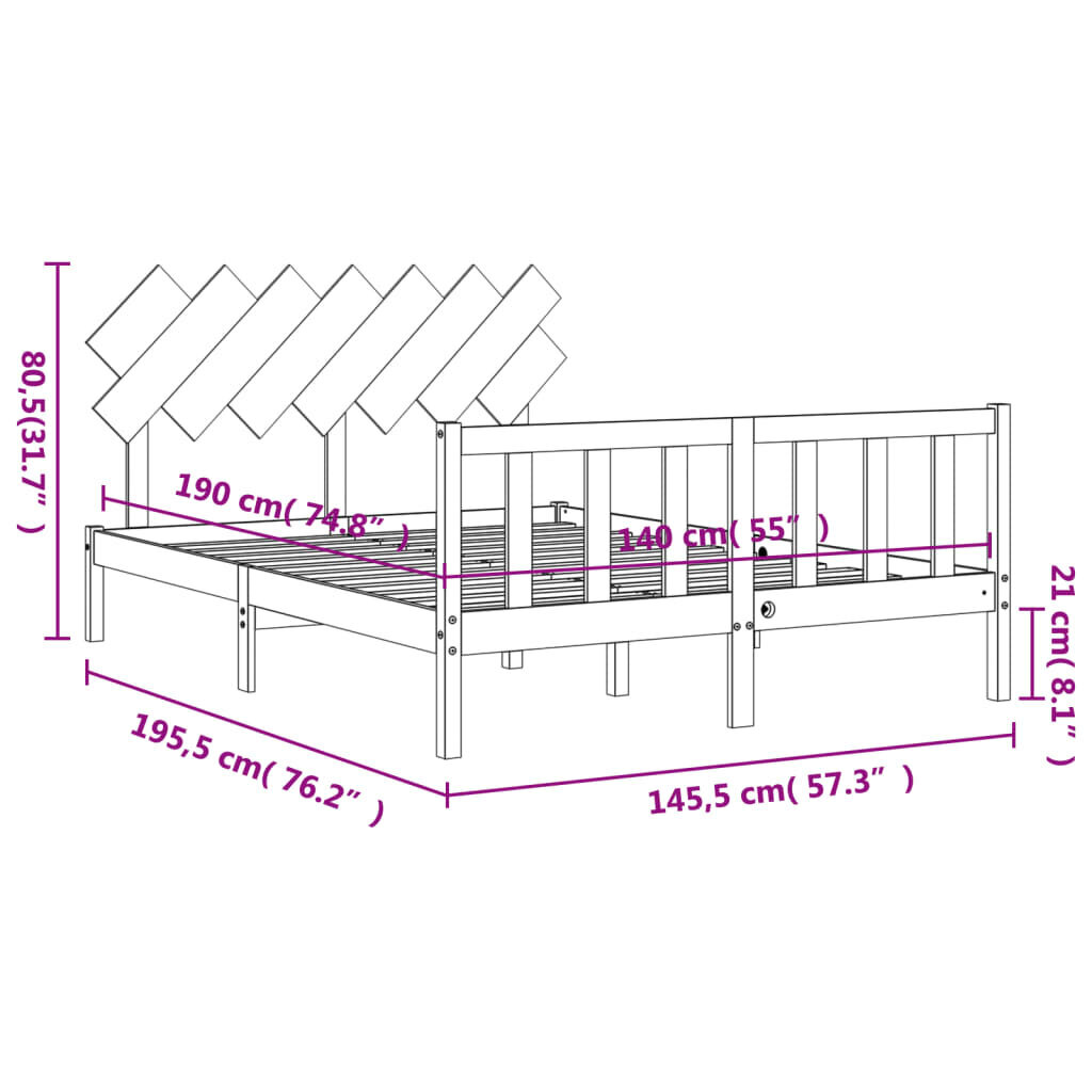 vidaXL Sängynrunko päädyllä 140x190 cm täysi puu hinta ja tiedot | Sängyt | hobbyhall.fi