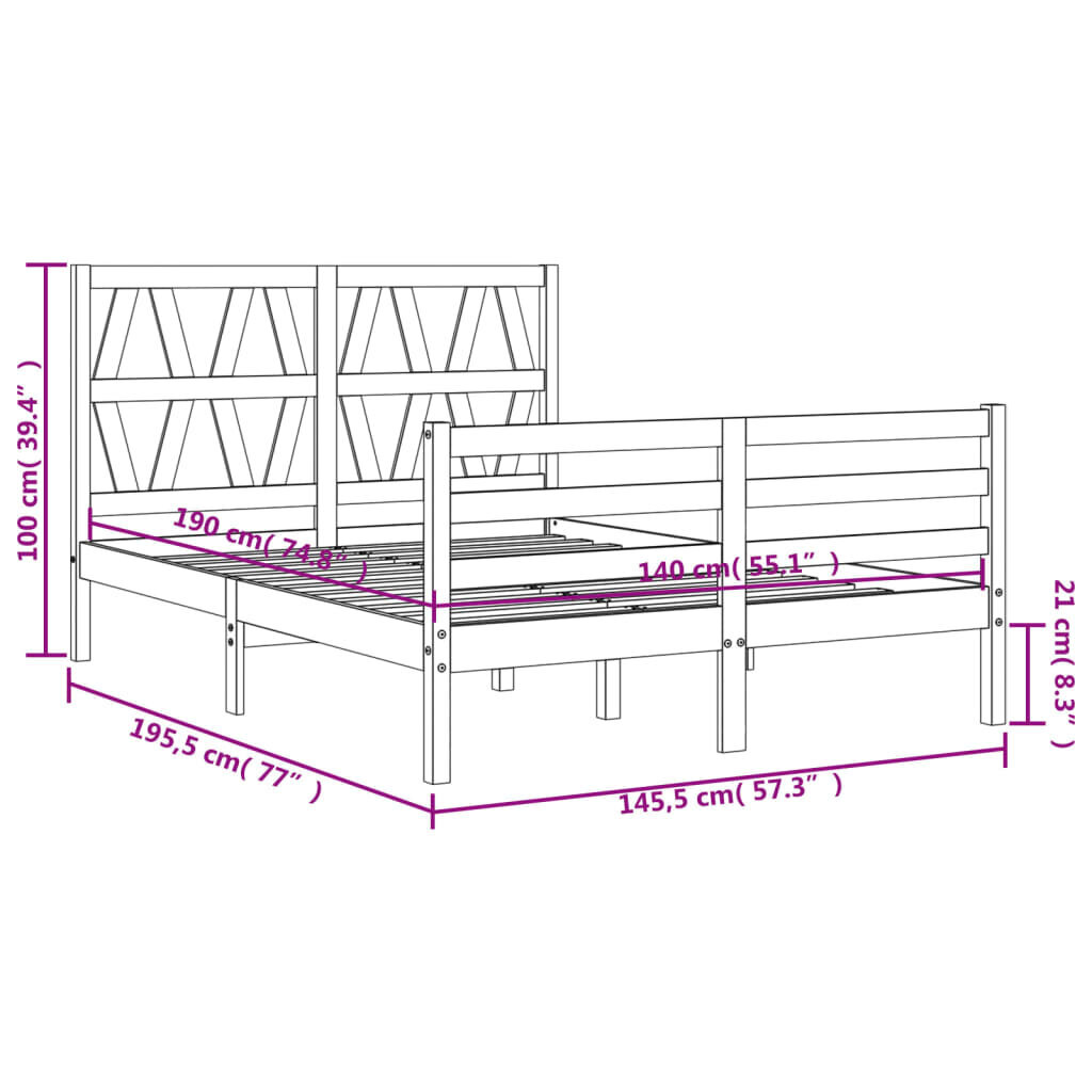 vidaXL Sängynrunko päädyllä valkoinen 140x190 cm täysi puu hinta ja tiedot | Sängyt | hobbyhall.fi