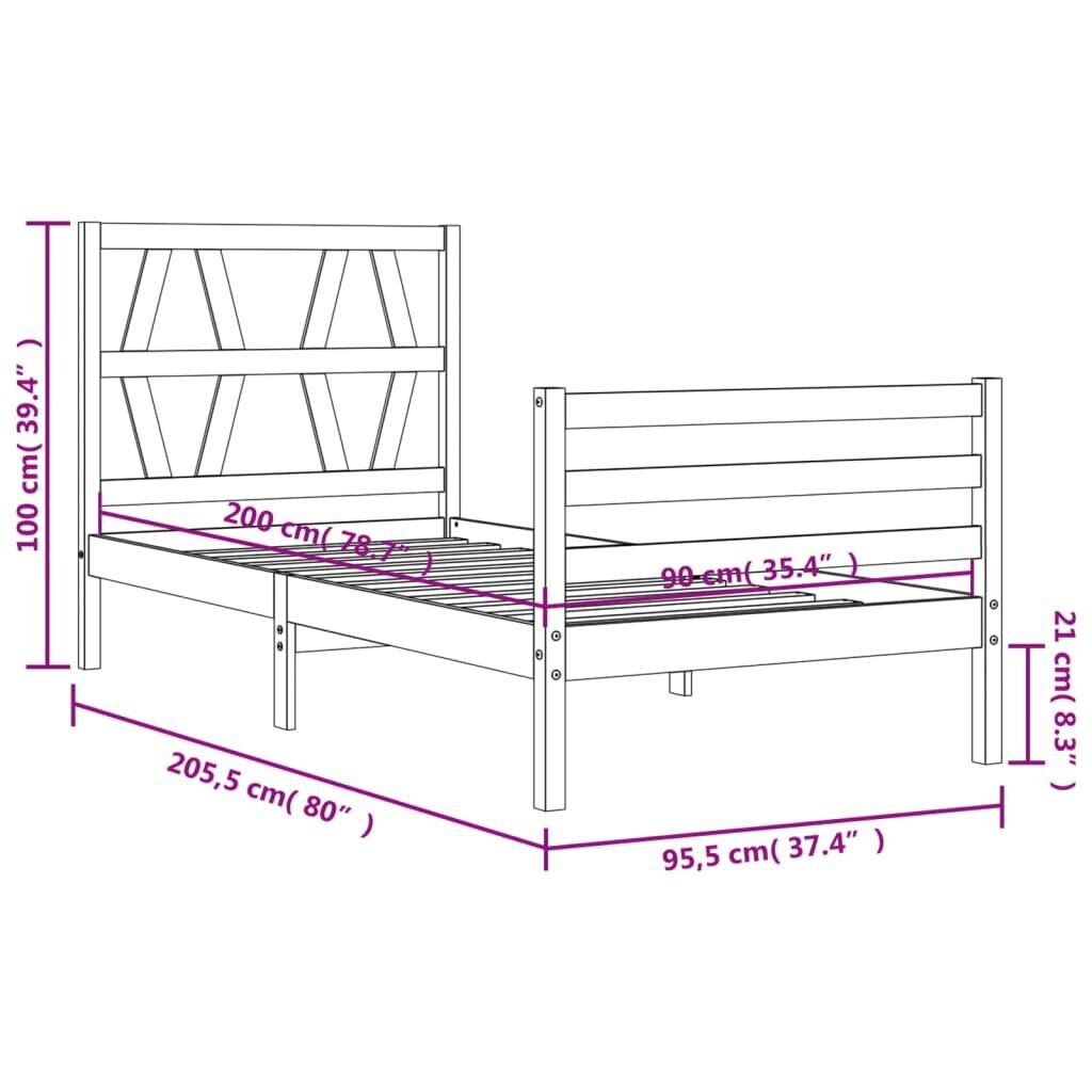 vidaXL Sängynrunko päädyllä harmaa 90x200 cm täysi puu hinta ja tiedot | Sängyt | hobbyhall.fi