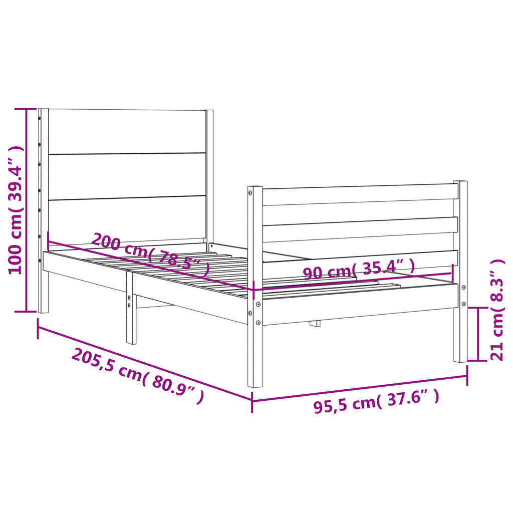 vidaXL Sängynrunko päädyllä hunajanruskea 90x200 cm täysi puu hinta ja tiedot | Sängyt | hobbyhall.fi