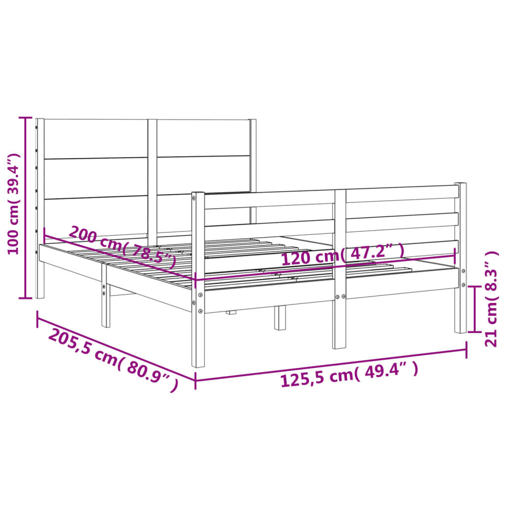 vidaXL Sängynrunko päädyllä valkoinen 120x200 cm täysi puu hinta ja tiedot | Sängyt | hobbyhall.fi