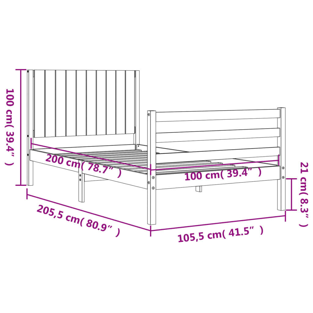 vidaXL Sängynrunko päädyllä 100x200 cm täysi puu hinta ja tiedot | Sängyt | hobbyhall.fi