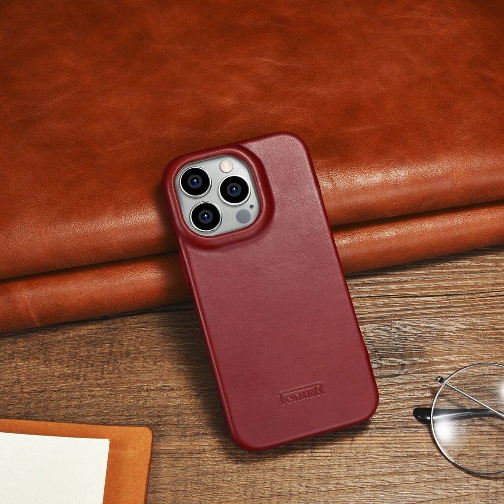 iCarer Leather iPhone 14 Pro Flip Magnetic MagSafe Red (AKI14220706-RD) hinta ja tiedot | Puhelimen kuoret ja kotelot | hobbyhall.fi