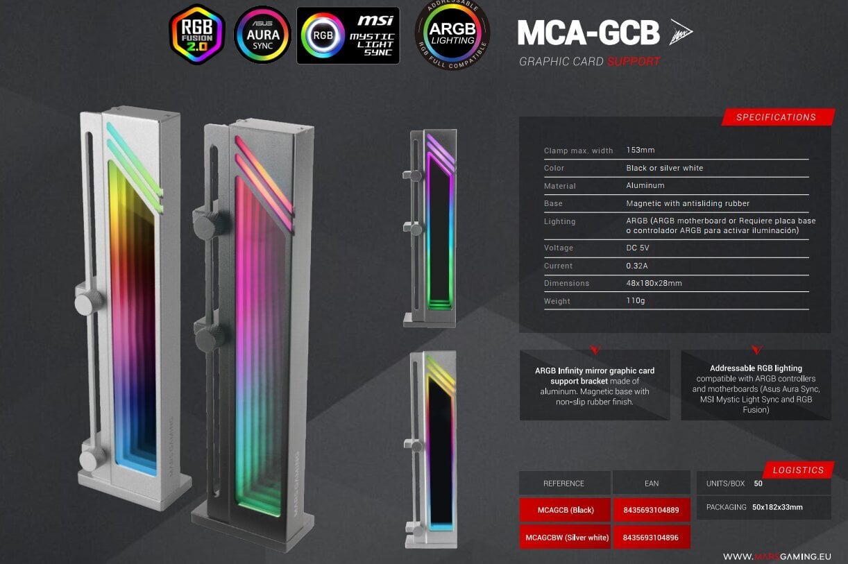 Mars Gaming MCA-GCBW Graphics card support bracket ARGB / White hinta ja tiedot | Koteloiden lisätarvikkeet | hobbyhall.fi
