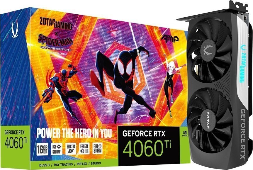 Zotac Gaming GeForce RTX 4060 Ti AMP Spider-Man: Across the Spider-Verse Bundle (ZT-D40620F-10SMP) hinta ja tiedot | Näytönohjaimet | hobbyhall.fi