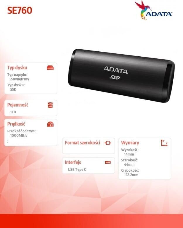 Adata SE760 ASE760-1TU32G2-CBK hinta ja tiedot | Ulkoiset kovalevyt | hobbyhall.fi