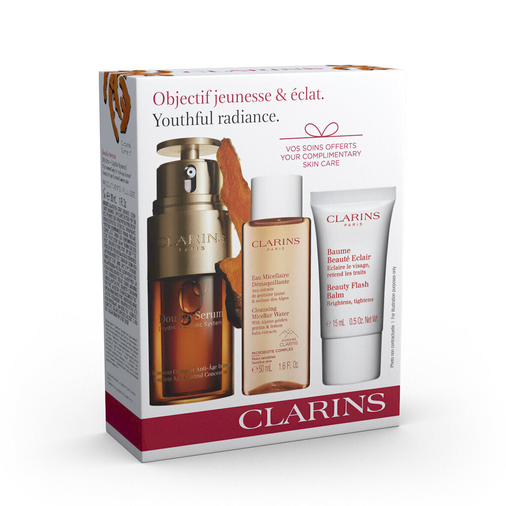 Clarins Youthfil Radiance -kasvohoitosarja:. Kasvoseerumi 30 ml + Misellivesi 50 ml + Kasvovoide 15 ml. hinta ja tiedot | Kasvoöljyt ja seerumit | hobbyhall.fi