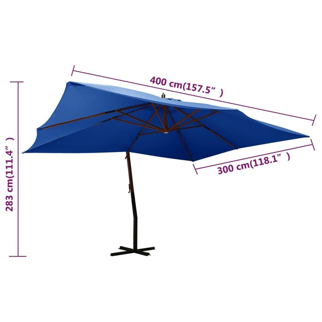 vidaXL Riippuva aurinkovarjo puupylväällä 400x300 cm taivaansininen hinta ja tiedot | Aurinkovarjot ja markiisit | hobbyhall.fi
