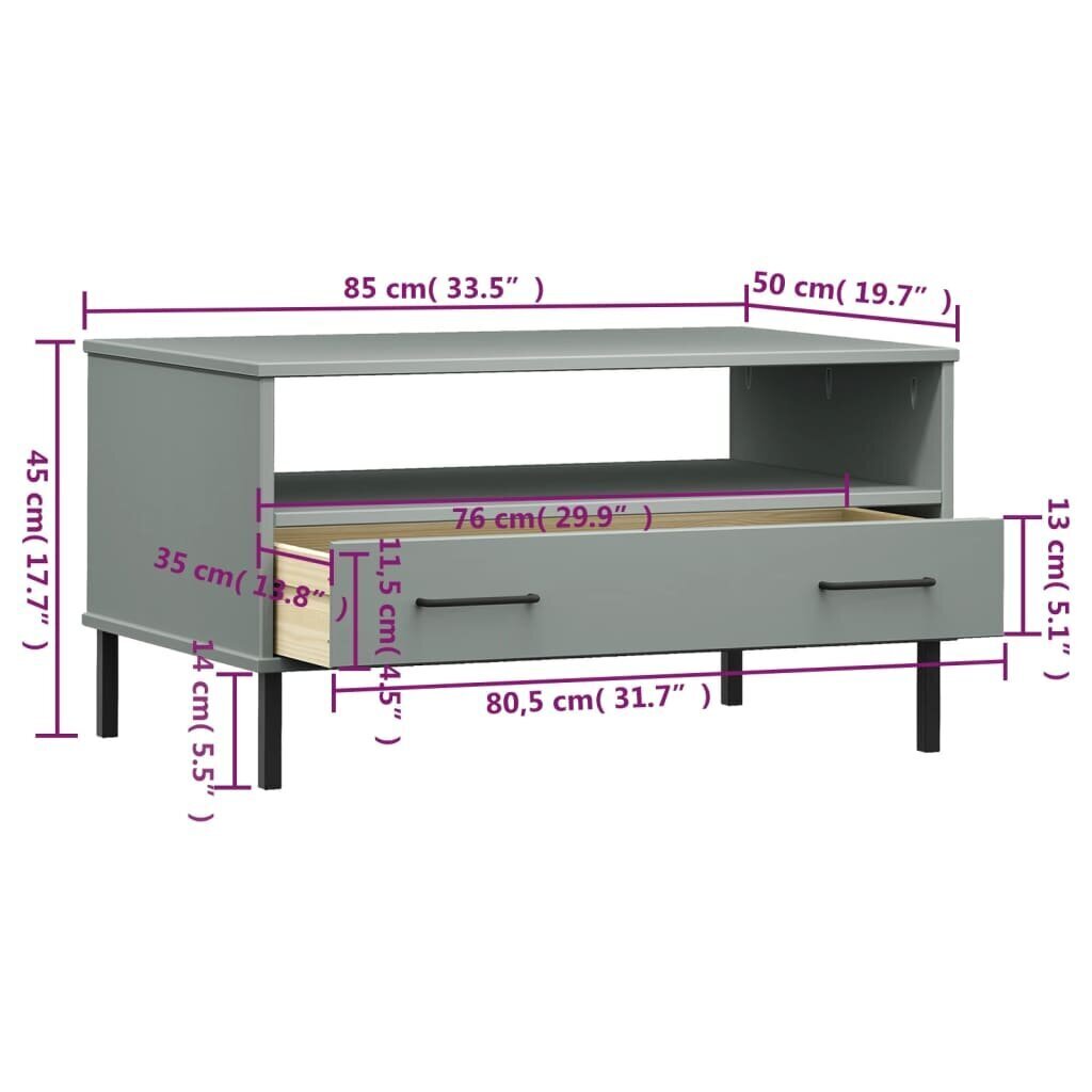 vidaXL Sohvapöytä metallijaloilla harmaa 85x50x45 cm täyspuu OSLO hinta ja tiedot | Sohvapöydät | hobbyhall.fi