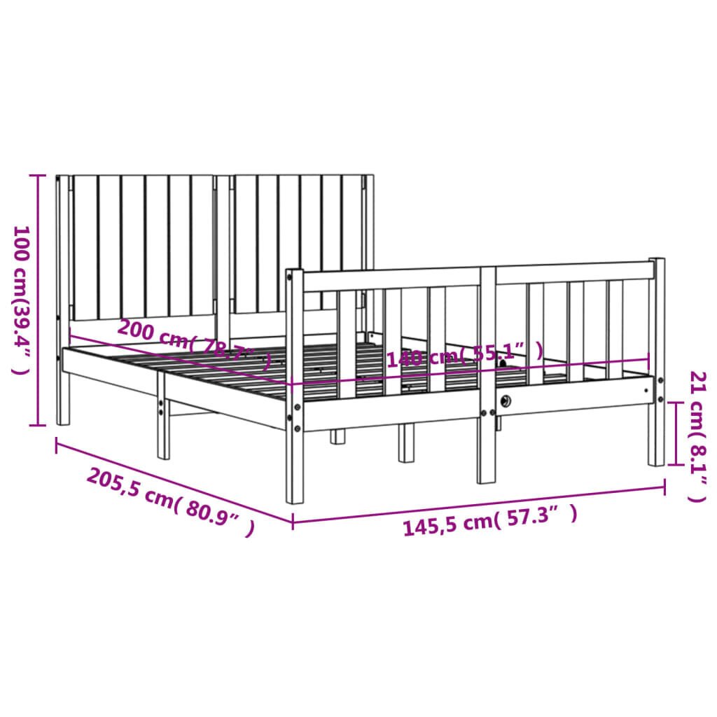 vidaXL Sängynrunko päädyllä valkoinen 140x200 cm täysi puu hinta ja tiedot | Sängyt | hobbyhall.fi