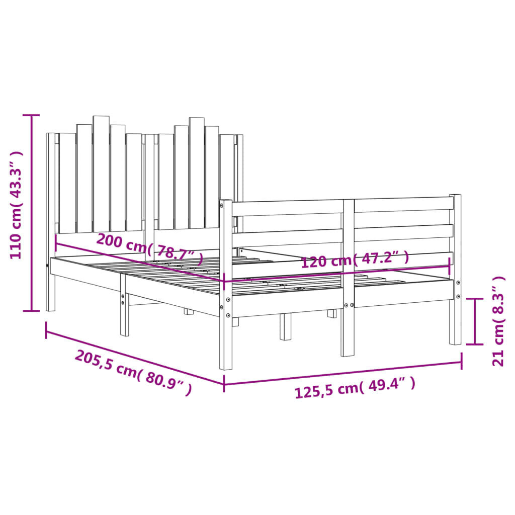 vidaXL Sängynrunko päädyllä 120x200 cm täysi puu hinta ja tiedot | Sängyt | hobbyhall.fi