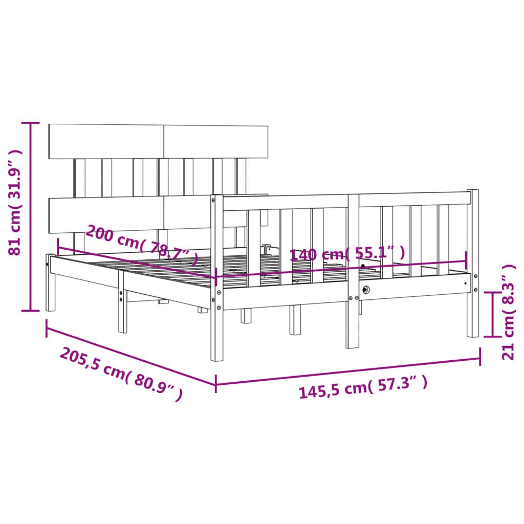 vidaXL Sängynrunko päädyllä valkoinen 140x200 cm täysi puu hinta ja tiedot | Sängyt | hobbyhall.fi