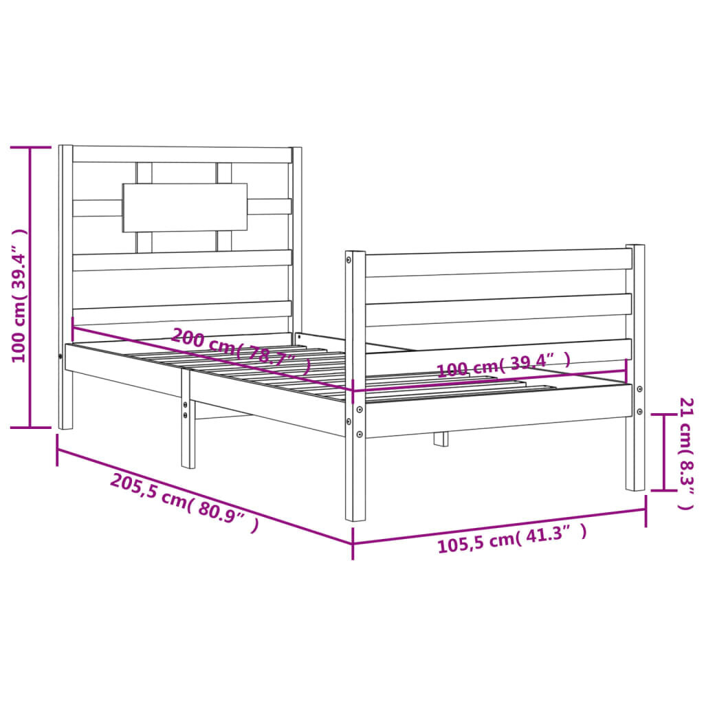 vidaXL Sängynrunko päädyllä valkoinen 100x200 cm täysi puu hinta ja tiedot | Sängyt | hobbyhall.fi