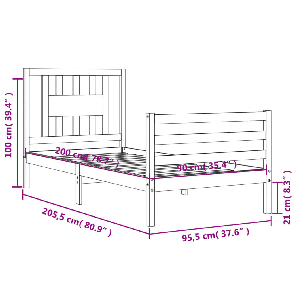 vidaXL Sängynrunko päädyllä harmaa 90x200 cm täysi puu hinta ja tiedot | Sängyt | hobbyhall.fi