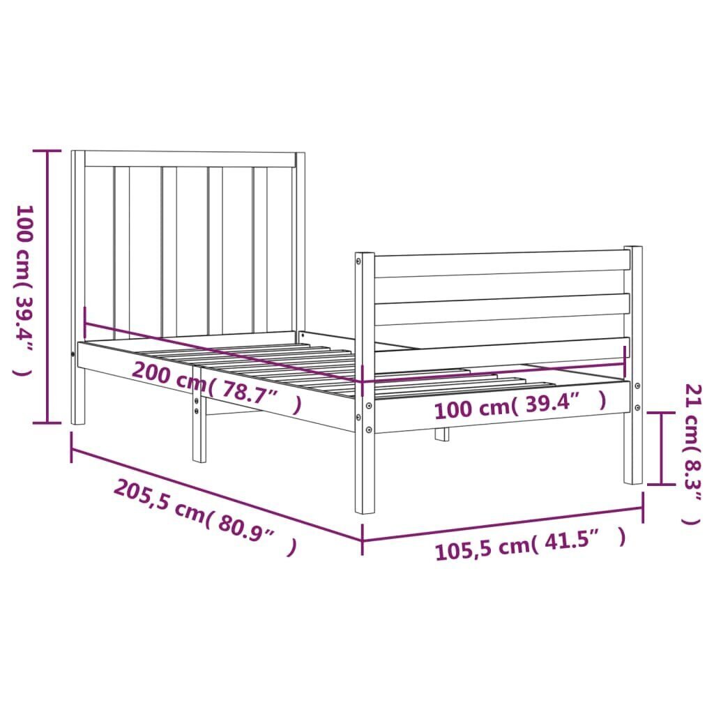 vidaXL Sängynrunko päädyllä 100x200 cm täysi puu hinta ja tiedot | Sängyt | hobbyhall.fi