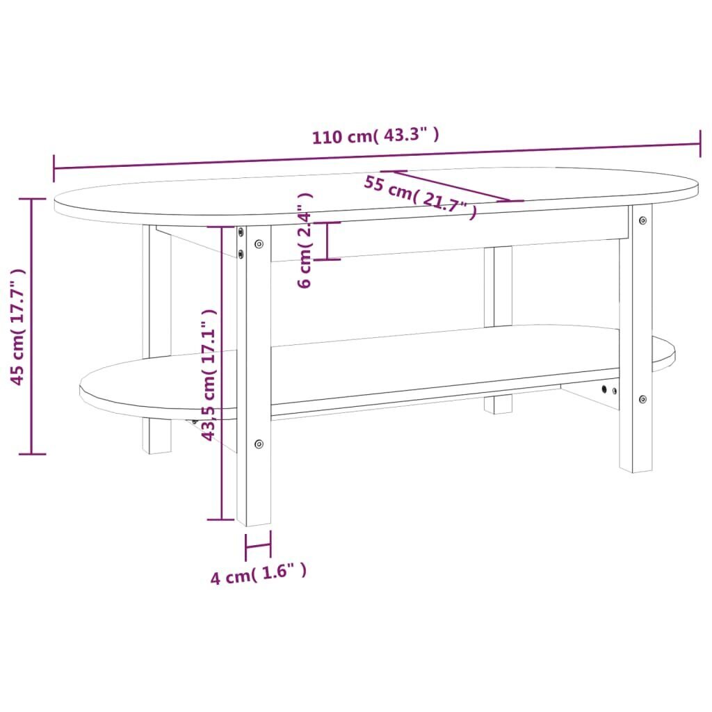 vidaXL Sohvapöytä 110x55x45 cm täysi mänty hinta ja tiedot | Sohvapöydät | hobbyhall.fi