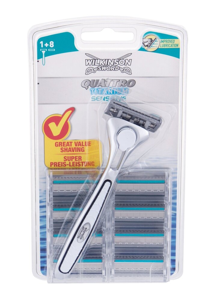 Wilkinson Sword Quattro Titanium Sensitive miehille + 8 parranajoterää hinta ja tiedot | Parranajo ja karvanpoisto | hobbyhall.fi