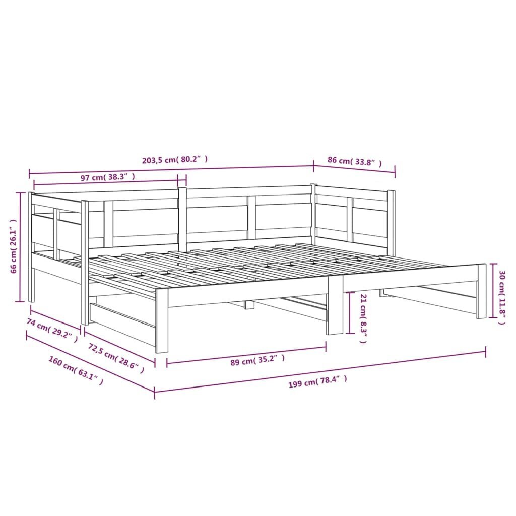 vidaXL Sohvasänky ulosvedettävä valkoinen täysi mänty 2x (80x200) cm hinta ja tiedot | Sängyt | hobbyhall.fi