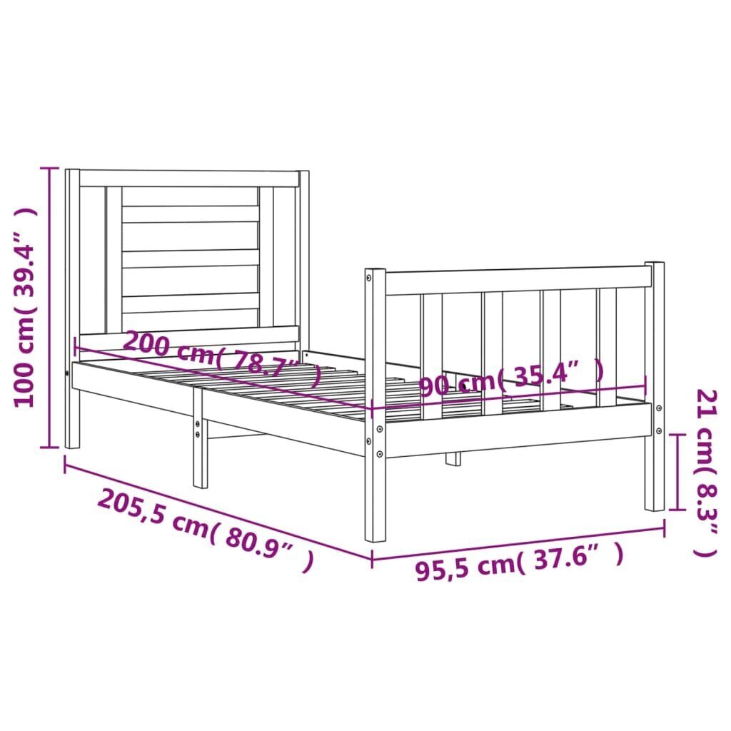 vidaXL Sängynrunko päädyllä 90x200 cm täysi puu hinta ja tiedot | Sängyt | hobbyhall.fi