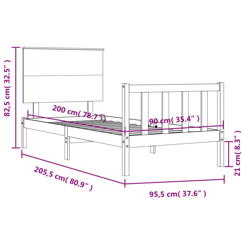 vidaXL Sängynrunko päädyllä musta 90x200 cm täysi puu hinta ja tiedot | Sängyt | hobbyhall.fi