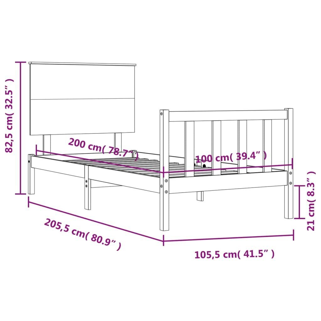 vidaXL Sängynrunko päädyllä valkoinen 100x200 cm täysi puu hinta ja tiedot | Sängyt | hobbyhall.fi