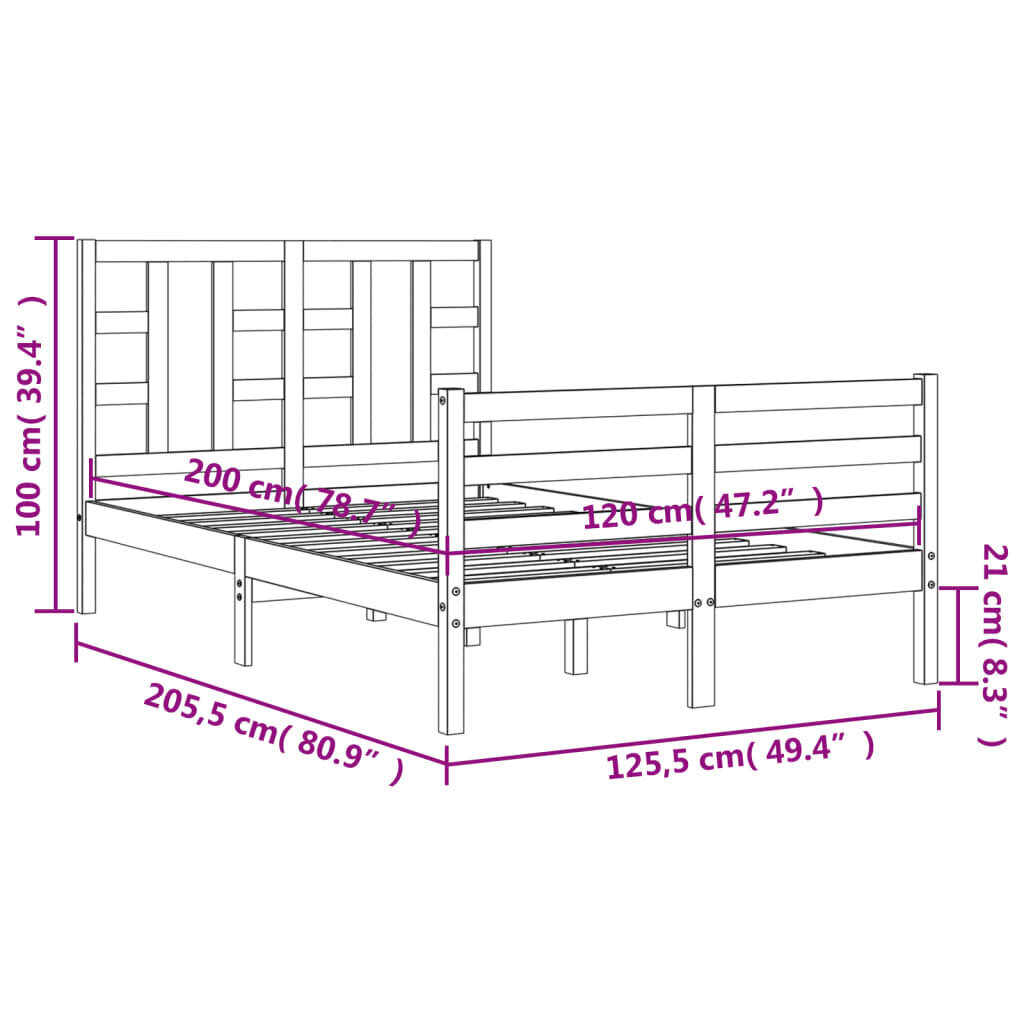 vidaXL Sängynrunko päädyllä valkoinen 120x200 cm täysi puu hinta ja tiedot | Sängyt | hobbyhall.fi