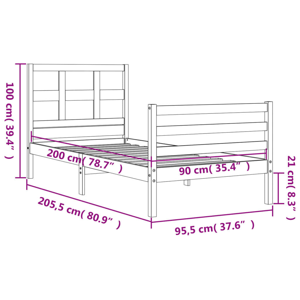 vidaXL Sängynrunko päädyllä hunajanruskea 90x200 cm täysi puu hinta ja tiedot | Sängyt | hobbyhall.fi