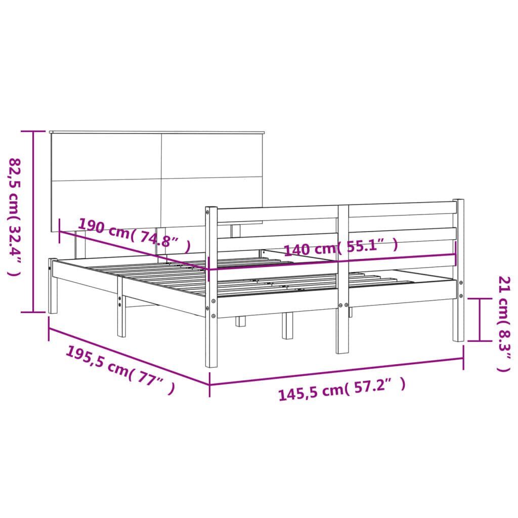 vidaXL Sängynrunko päädyllä valkoinen 140x190 cm täysi puu hinta ja tiedot | Sängyt | hobbyhall.fi