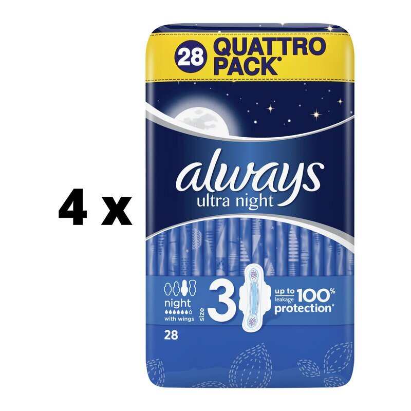 Terveyssiteet Always Ultra Night Quattro, 28 kpl x 4 kpl paketti hinta ja tiedot | Tamponit ja terveyssiteet | hobbyhall.fi