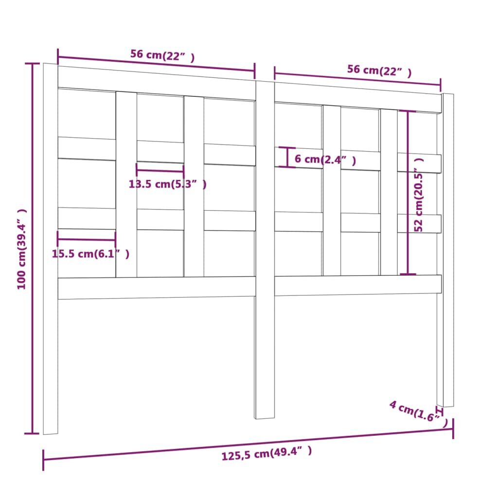 vidaXL Sängynpääty harmaa 125,5x4x100 cm täysi mänty hinta ja tiedot | Sängyt | hobbyhall.fi